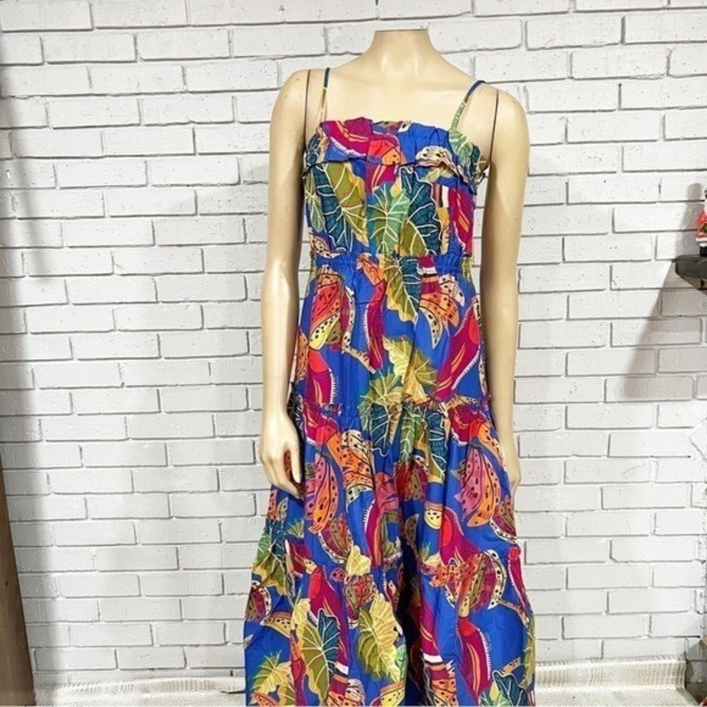 Farm Rio Blue Tropical Leaf Bird Print Tiered Smocked Midi Dress Womens|  Medium